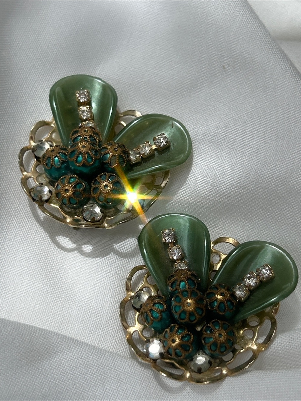 Vintage Green Floral Filigree Statement Clip On Earrings